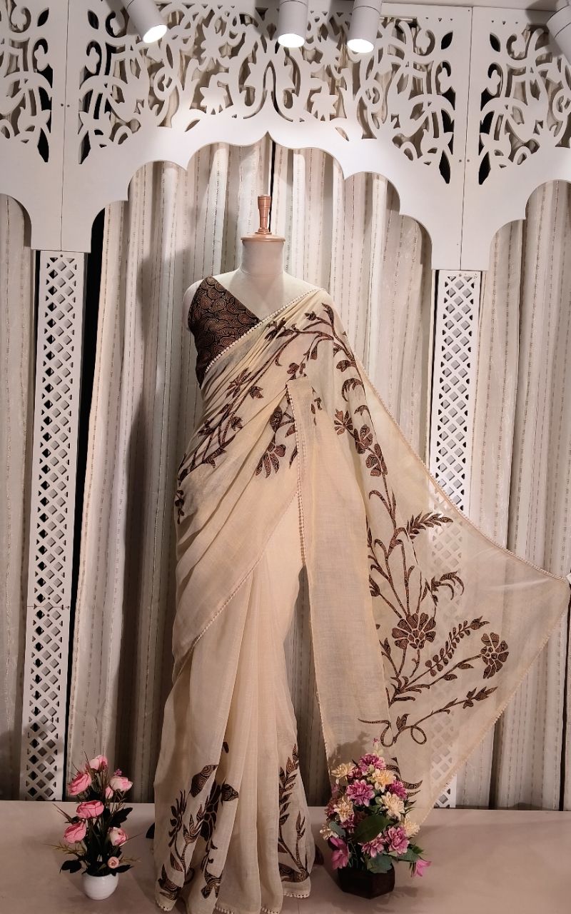Shimmer Linen With Applic Work Saree 1 view 5