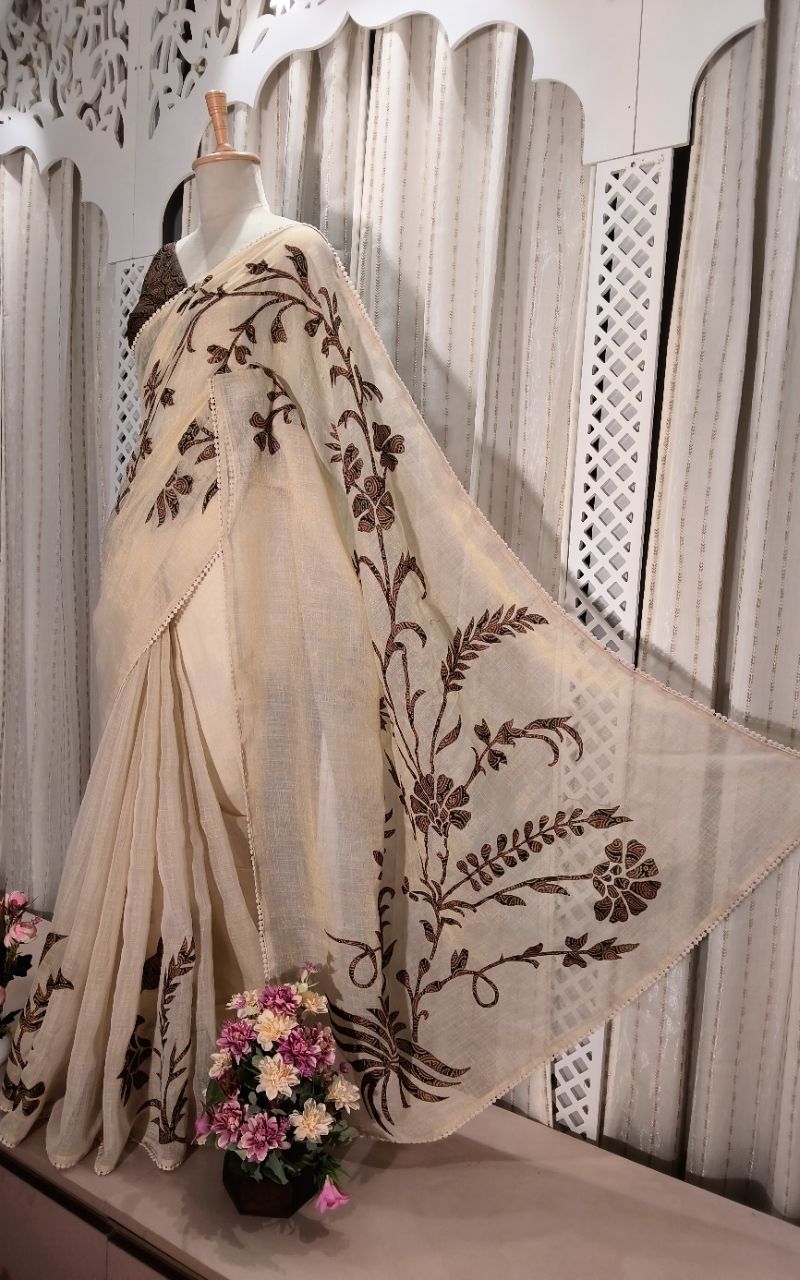 Shimmer Linen With Applic Work Saree 1 view 2