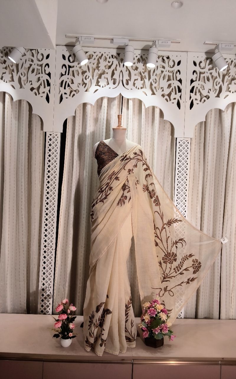 Shimmer Linen With Applic Work Saree 1 view 7