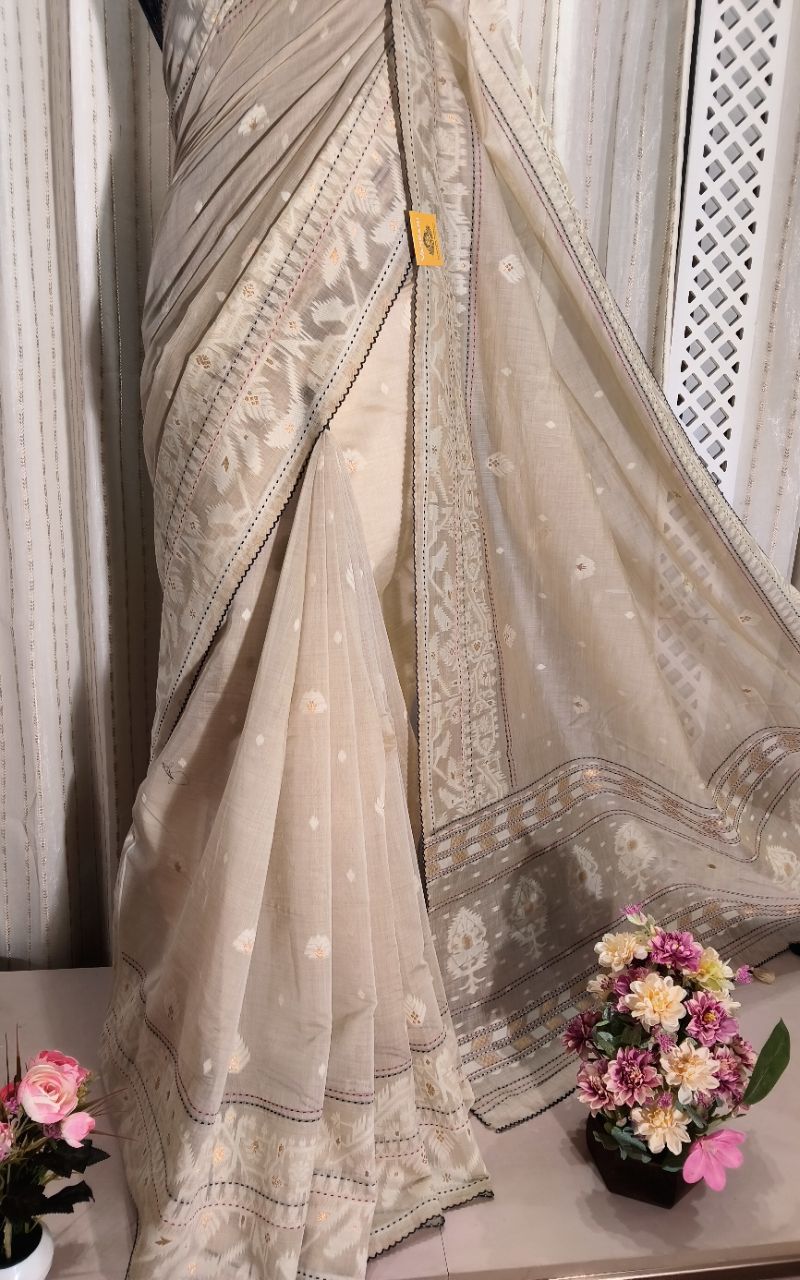 Chanderi Silk Jamdani And Kantha Work Saree view 6
