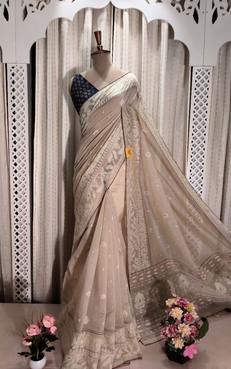 Chanderi Silk Jamdani And Kantha Work Saree view 3