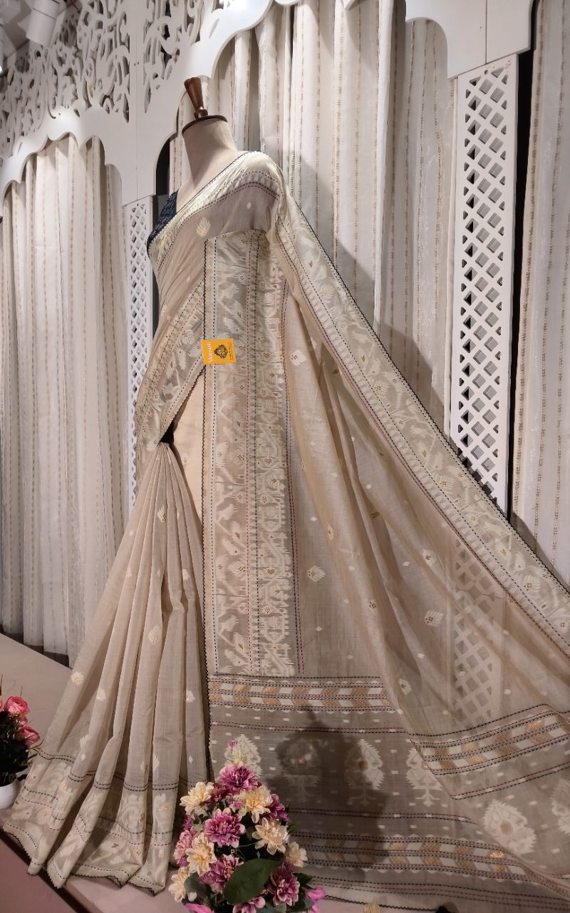 Chanderi Silk Jamdani And Kantha Work Saree view 5