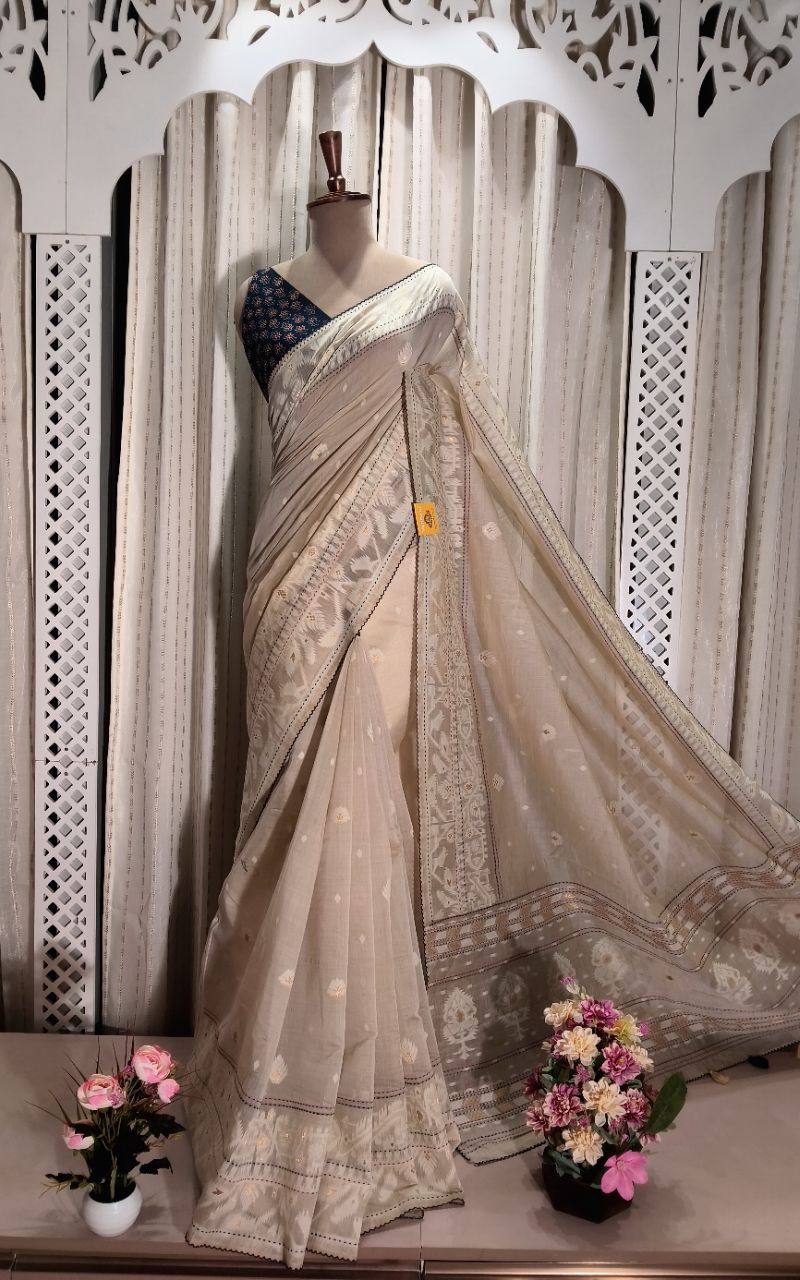 Chanderi Silk Jamdani And Kantha Work Saree view 2
