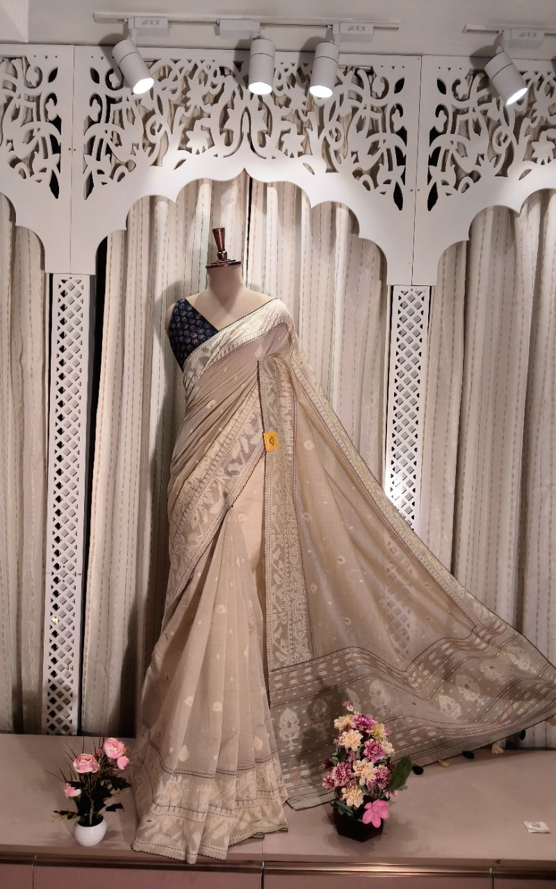 Chanderi Silk Jamdani And Kantha Work Saree view 8