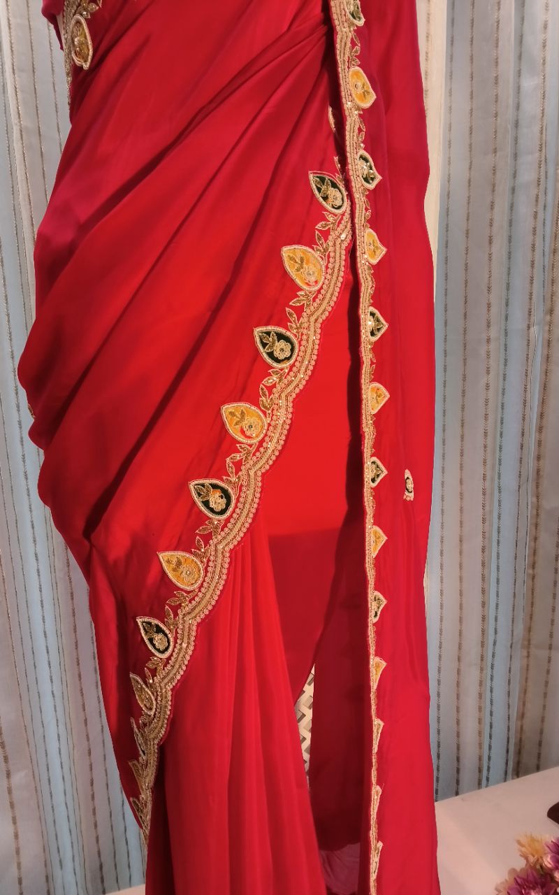 Saten Cream Saree view 4
