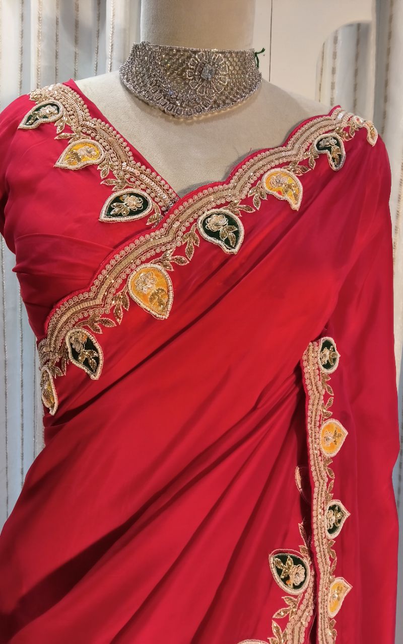 Saten Cream Saree view 5