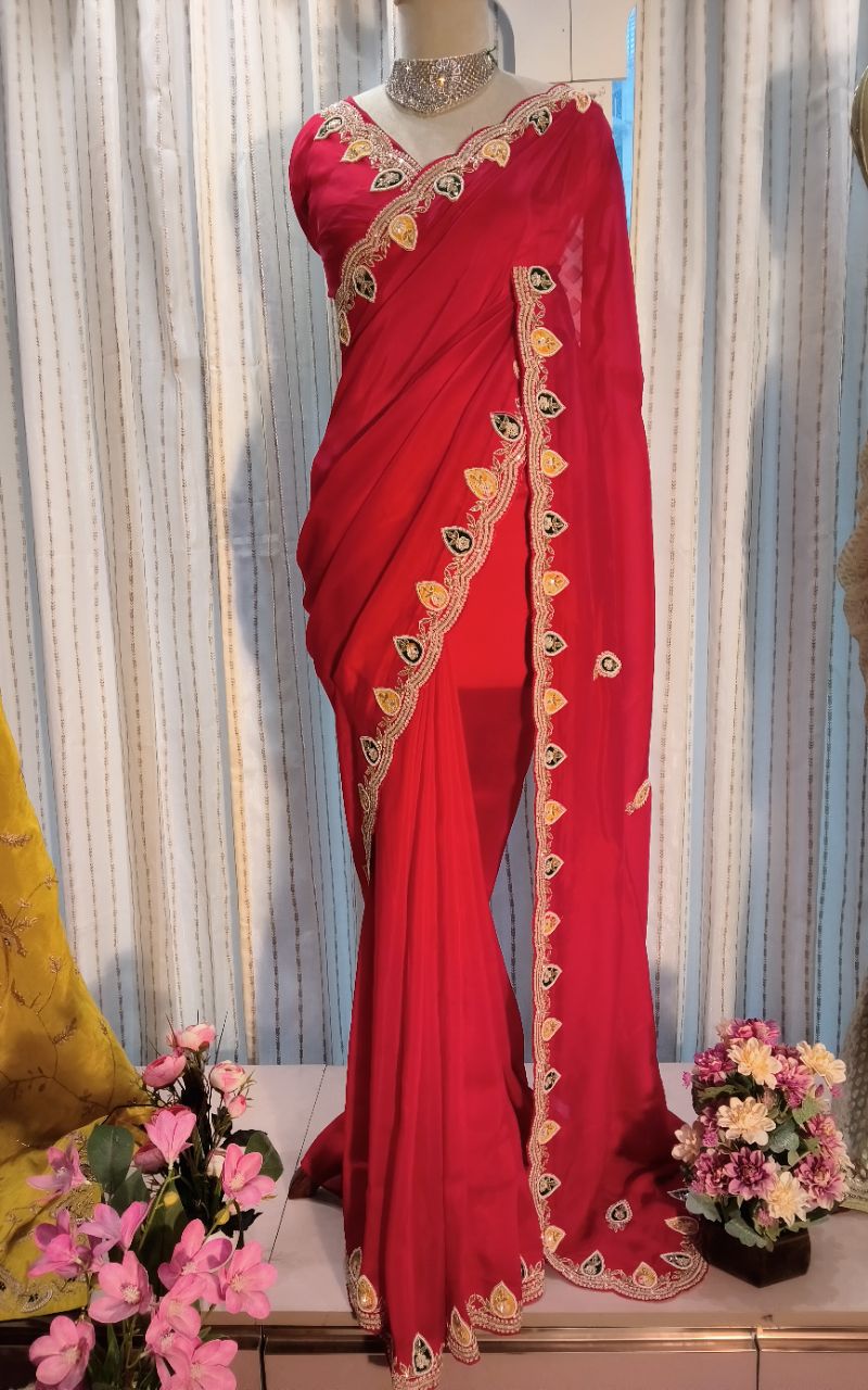 Saten Cream Saree view 2