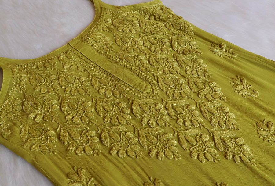 VISCOSE GEORGETTE LONG STRAPLESS HANDWORK KURTI IN MEHNDI GREEN. 🌸 view 3