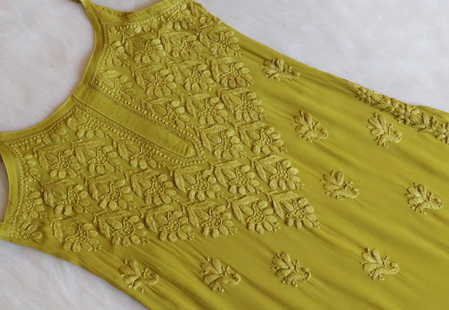 VISCOSE GEORGETTE LONG STRAPLESS HANDWORK KURTI IN MEHNDI GREEN. 🌸 view 2