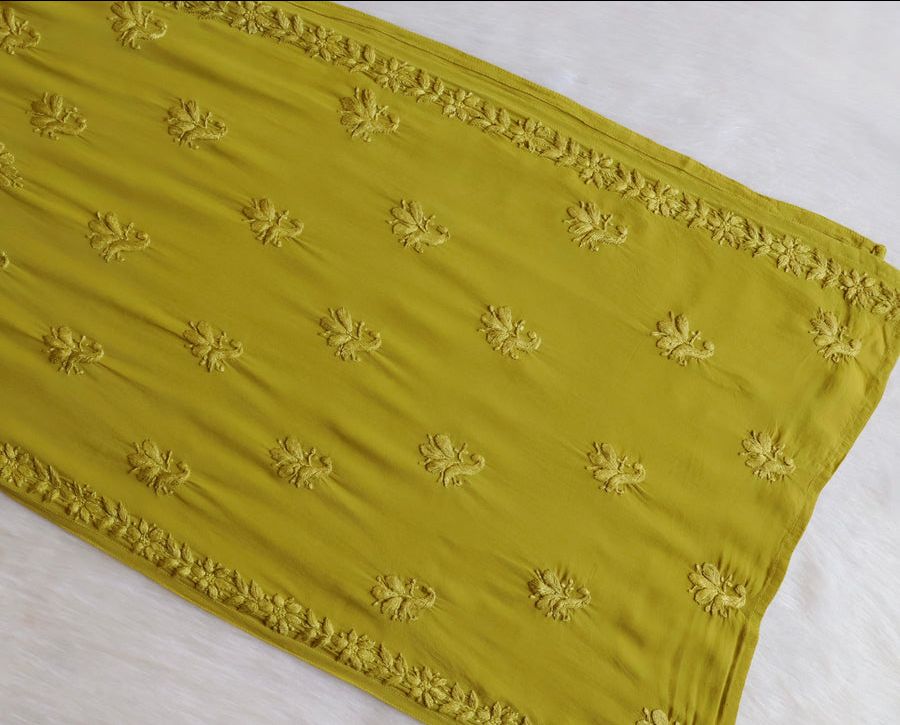 VISCOSE GEORGETTE LONG STRAPLESS HANDWORK KURTI IN MEHNDI GREEN. 🌸 view 4