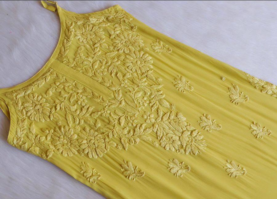 VISCOSE GEORGETTE LONG STRAPLESS HANDWORK KURTI IN YELLOW. view 2