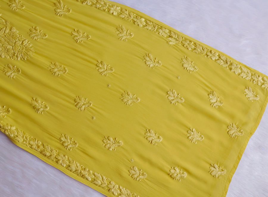 VISCOSE GEORGETTE LONG STRAPLESS HANDWORK KURTI IN YELLOW. view 3