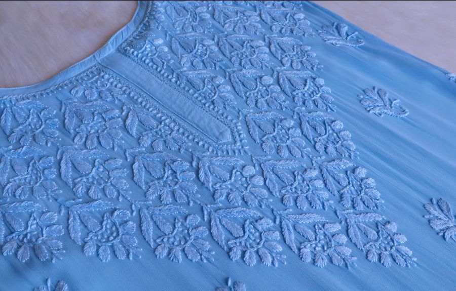 VISCOSE GEORGETTE LONG STRAPLESS HANDWORK KURTI IN POWDER BLUE. view 2