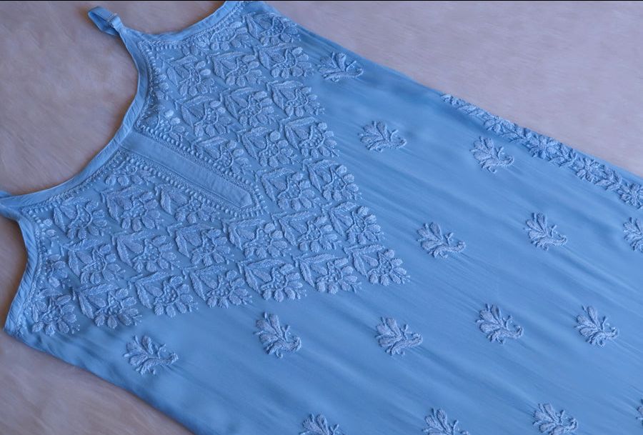 VISCOSE GEORGETTE LONG STRAPLESS HANDWORK KURTI IN POWDER BLUE. view 3