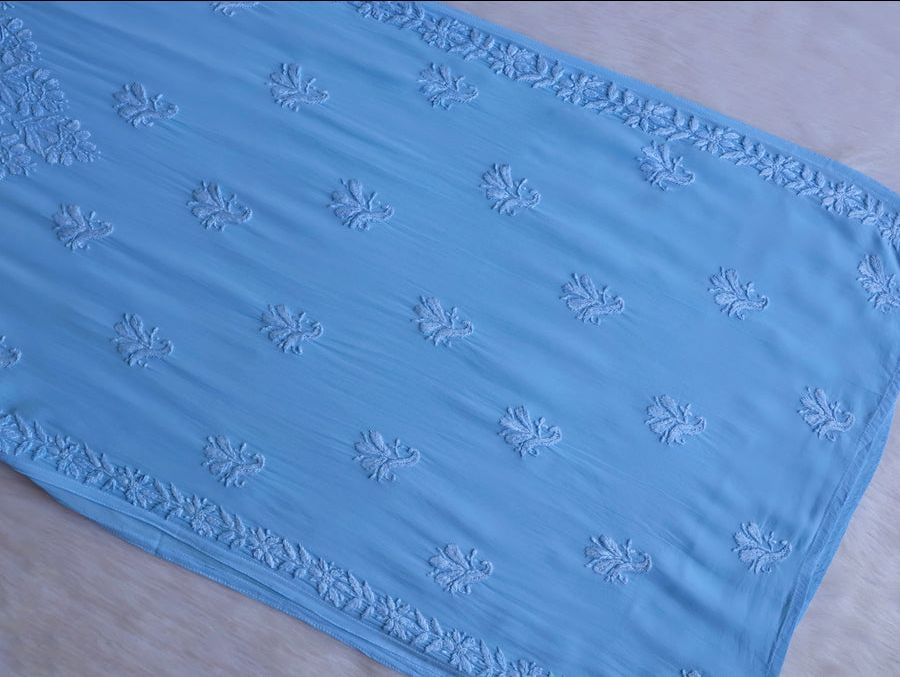 VISCOSE GEORGETTE LONG STRAPLESS HANDWORK KURTI IN POWDER BLUE. view 4