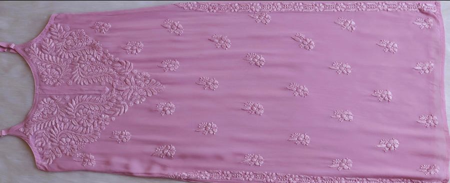 VISCOSE GEORGETTE LONG STRAPLESS HANDWORK KURTI IN DUSTY PURPLE. view 2