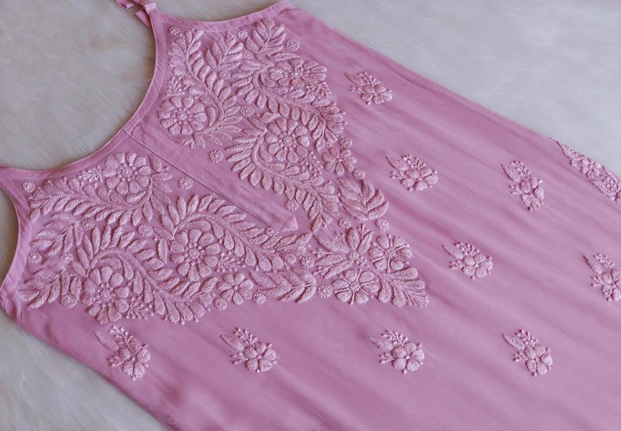 VISCOSE GEORGETTE LONG STRAPLESS HANDWORK KURTI IN DUSTY PURPLE. view 3