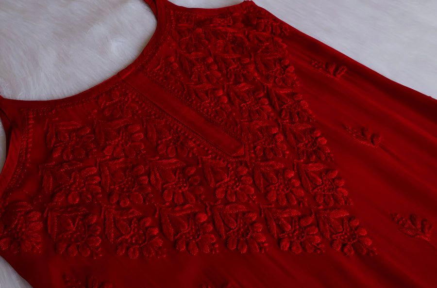 VISCOSE GEORGETTE LONG STRAPLESS HANDWORK KURTI IN MAROON. view 3