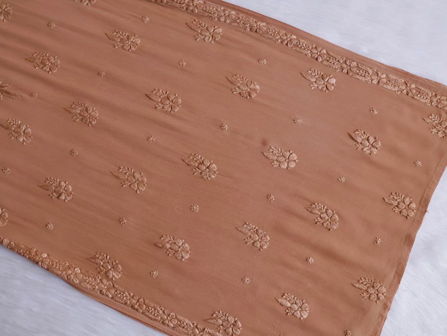 VISCOSE GEORGETTE LONG STRAPLESS HANDWORK KURTI IN BROWN. view 3