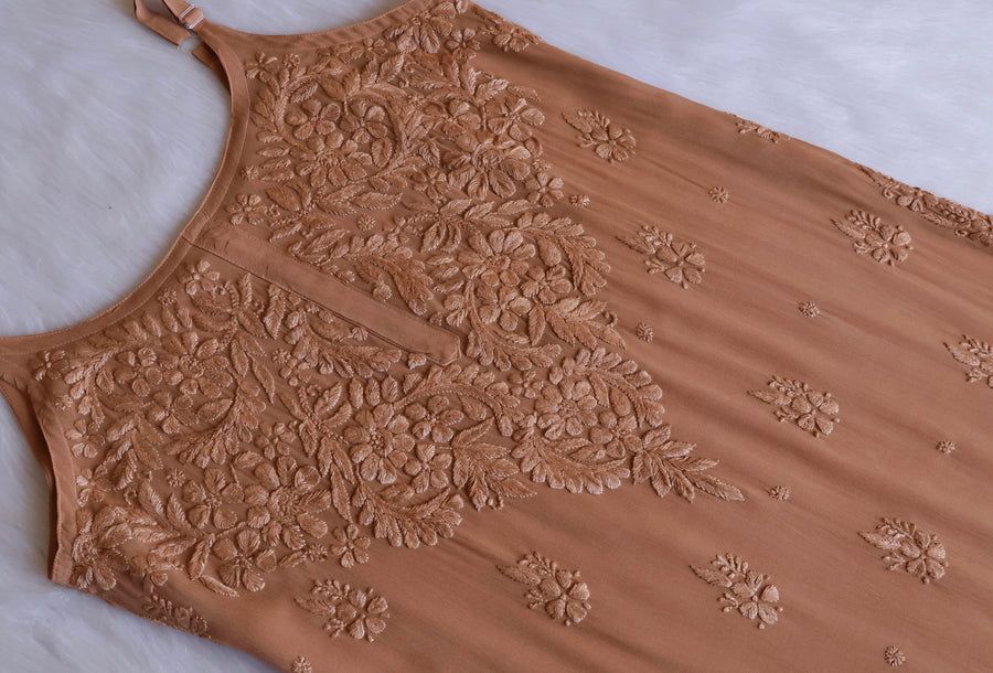 VISCOSE GEORGETTE LONG STRAPLESS HANDWORK KURTI IN BROWN. view 2