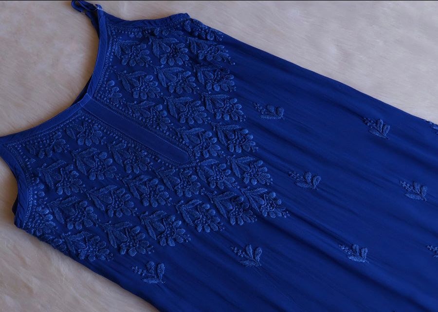 VISCOSE GEORGETTE LONG STRAPLESS HANDWORK KURTI IN NAVY BLUE. view 2