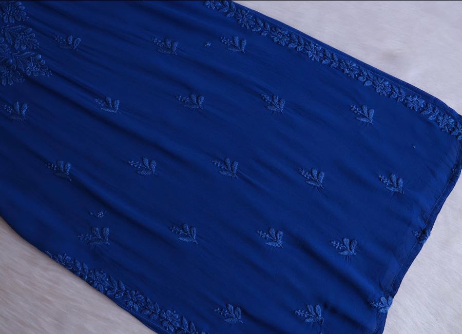 VISCOSE GEORGETTE LONG STRAPLESS HANDWORK KURTI IN NAVY BLUE. view 3