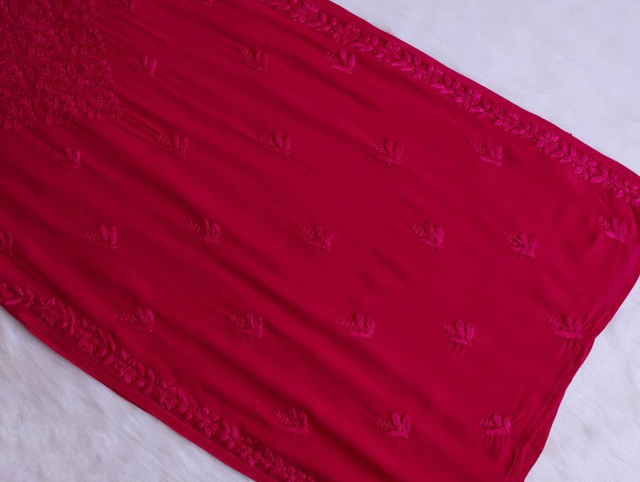 VISCOSE GEORGETTE LONG STRAPLESS HANDWORK KURTI IN MAGENTA PINK. view 3