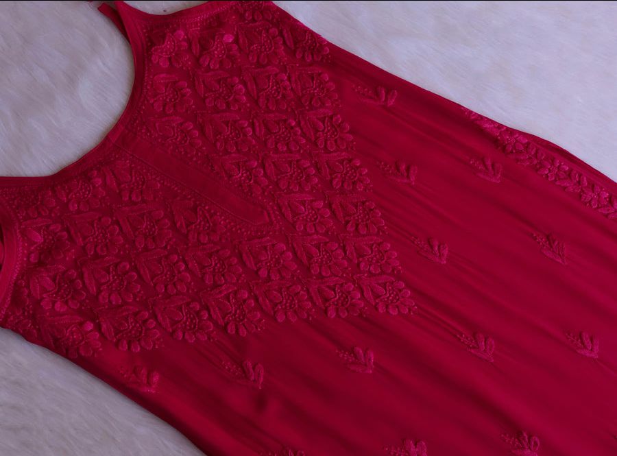 VISCOSE GEORGETTE LONG STRAPLESS HANDWORK KURTI IN MAGENTA PINK. view 2