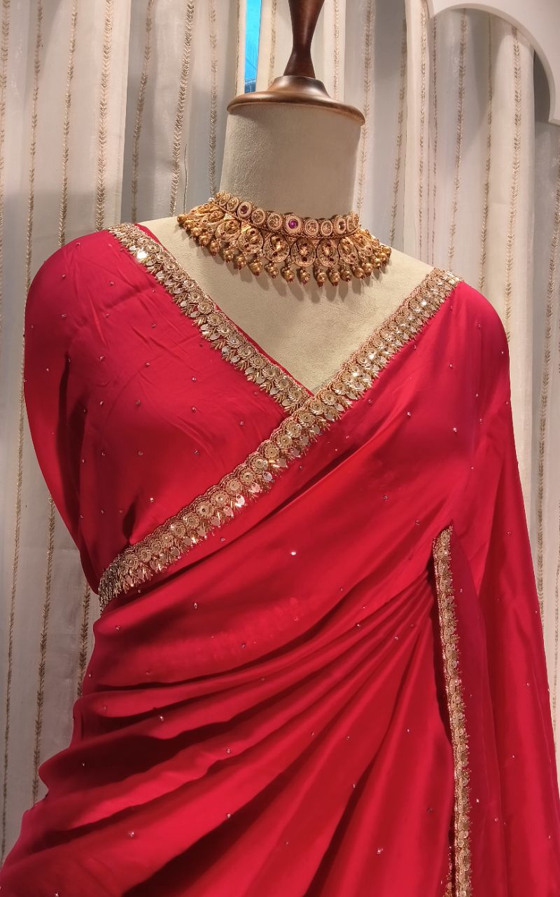 Saten Creep Saree With Hand Work view 6