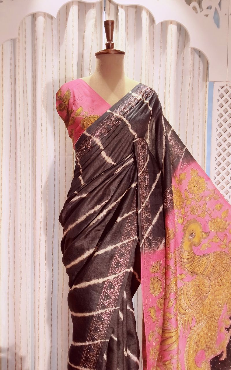 Pure Tushar Silk Saree With Aari Work view 6