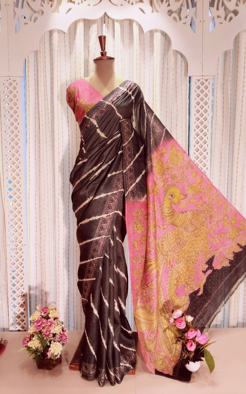 Pure Tushar Silk Saree With Aari Work view 4