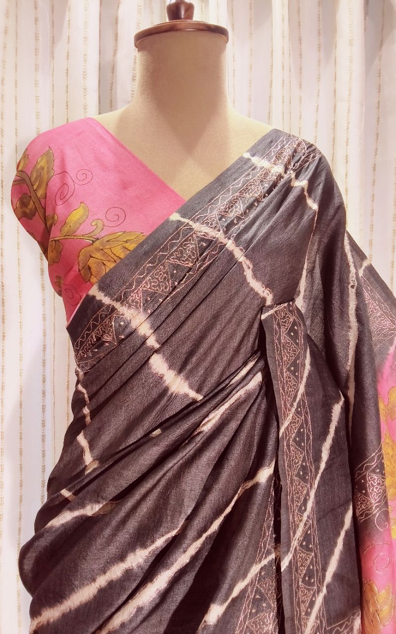 Pure Tushar Silk Saree With Aari Work view 8