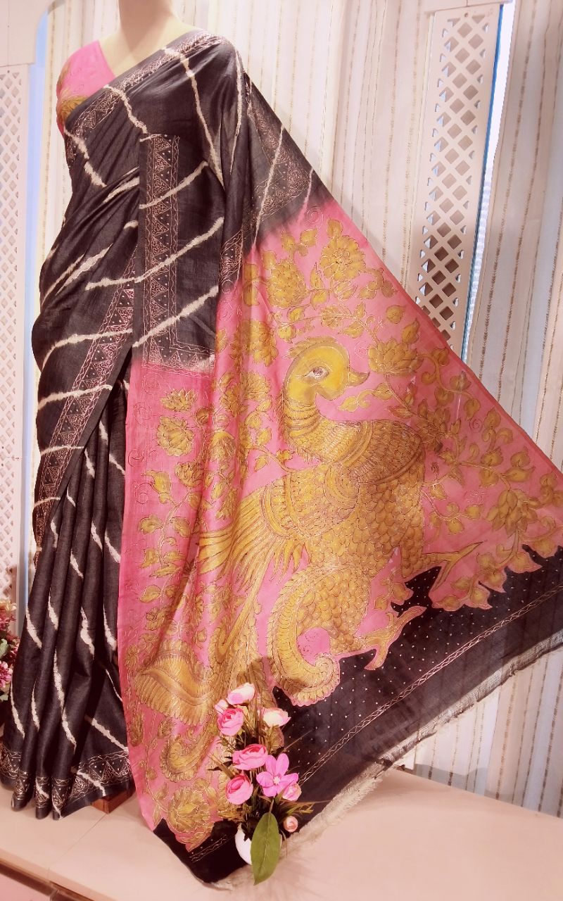 Pure Tushar Silk Saree With Aari Work view 2