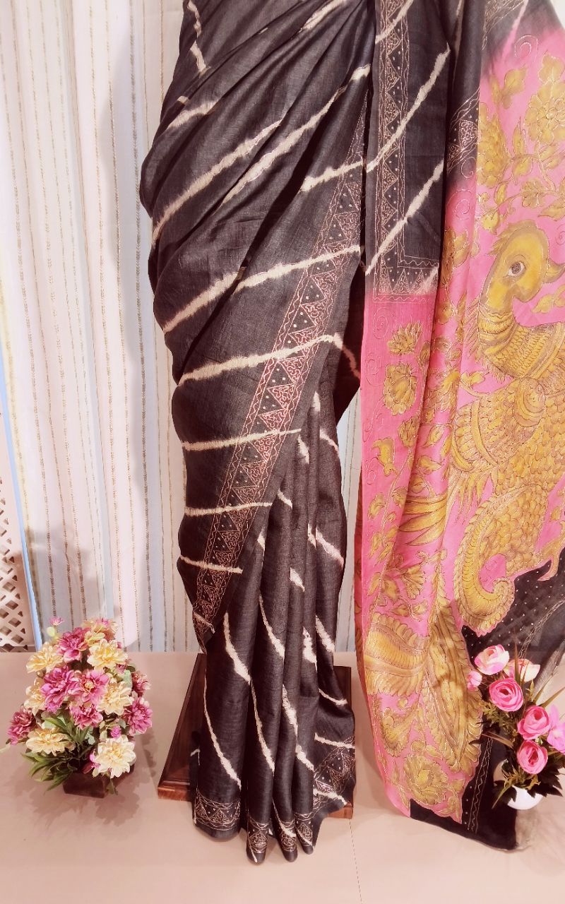 Pure Tushar Silk Saree With Aari Work view 7