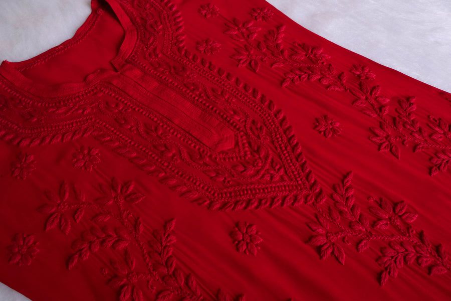 PIYU VISCOSE GEORGETTE LONG HANDWORK KURTI IN RED. view 4