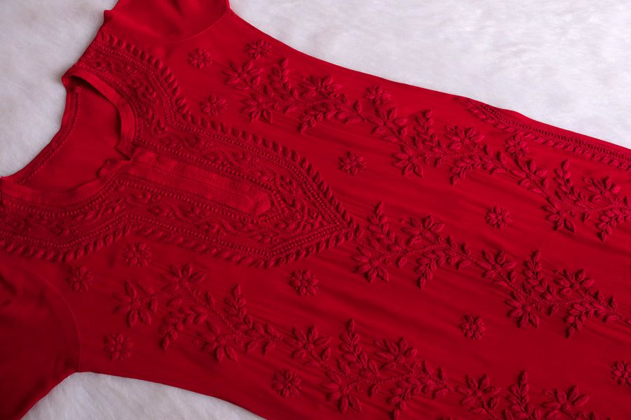 PIYU VISCOSE GEORGETTE LONG HANDWORK KURTI IN RED. view 2