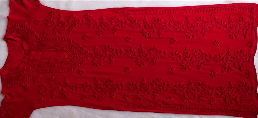 PIYU VISCOSE GEORGETTE LONG HANDWORK KURTI IN RED. view 5