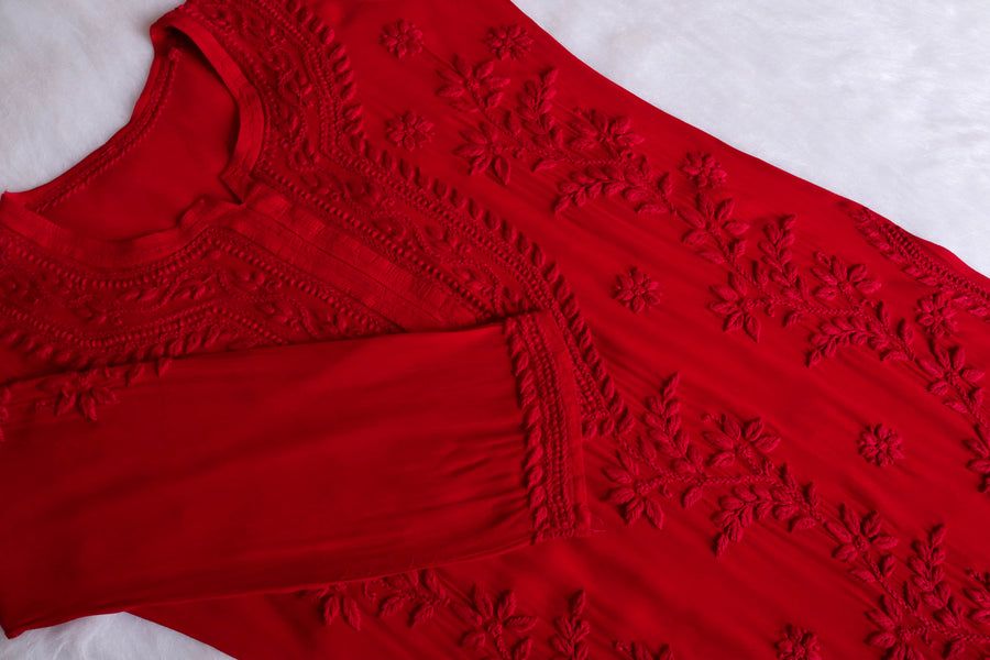 PIYU VISCOSE GEORGETTE LONG HANDWORK KURTI IN RED. view 3