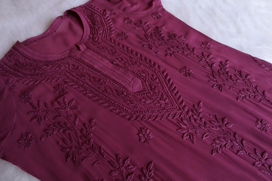 PIYU VISCOSE GEORGETTE LONG HANDWORK KURTI IN DUSKY PURPLE. view 3