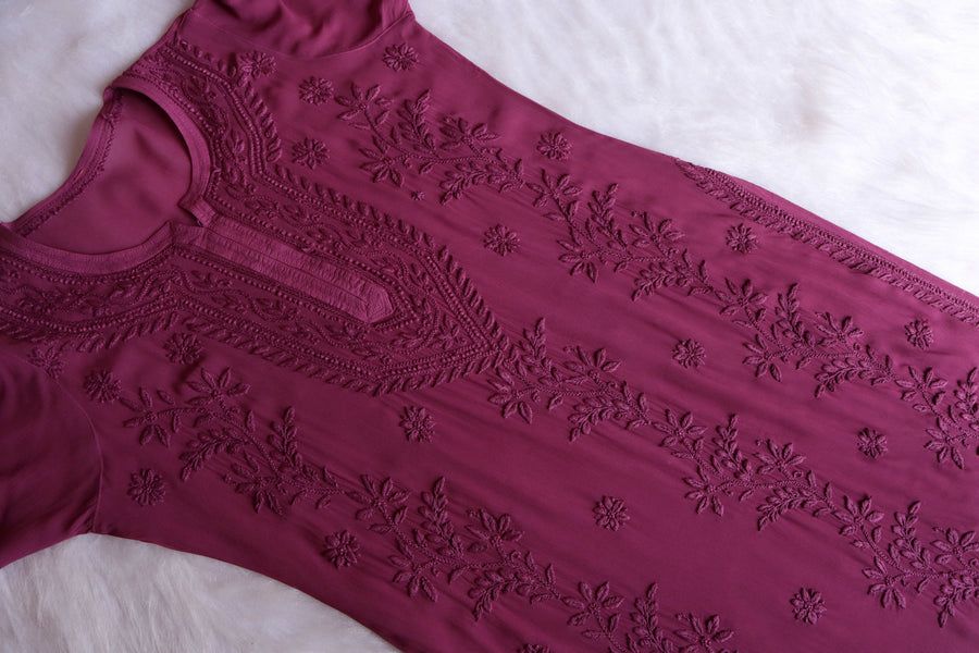 PIYU VISCOSE GEORGETTE LONG HANDWORK KURTI IN DUSKY PURPLE. view 5
