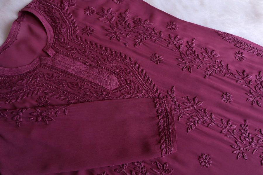 PIYU VISCOSE GEORGETTE LONG HANDWORK KURTI IN DUSKY PURPLE. view 2