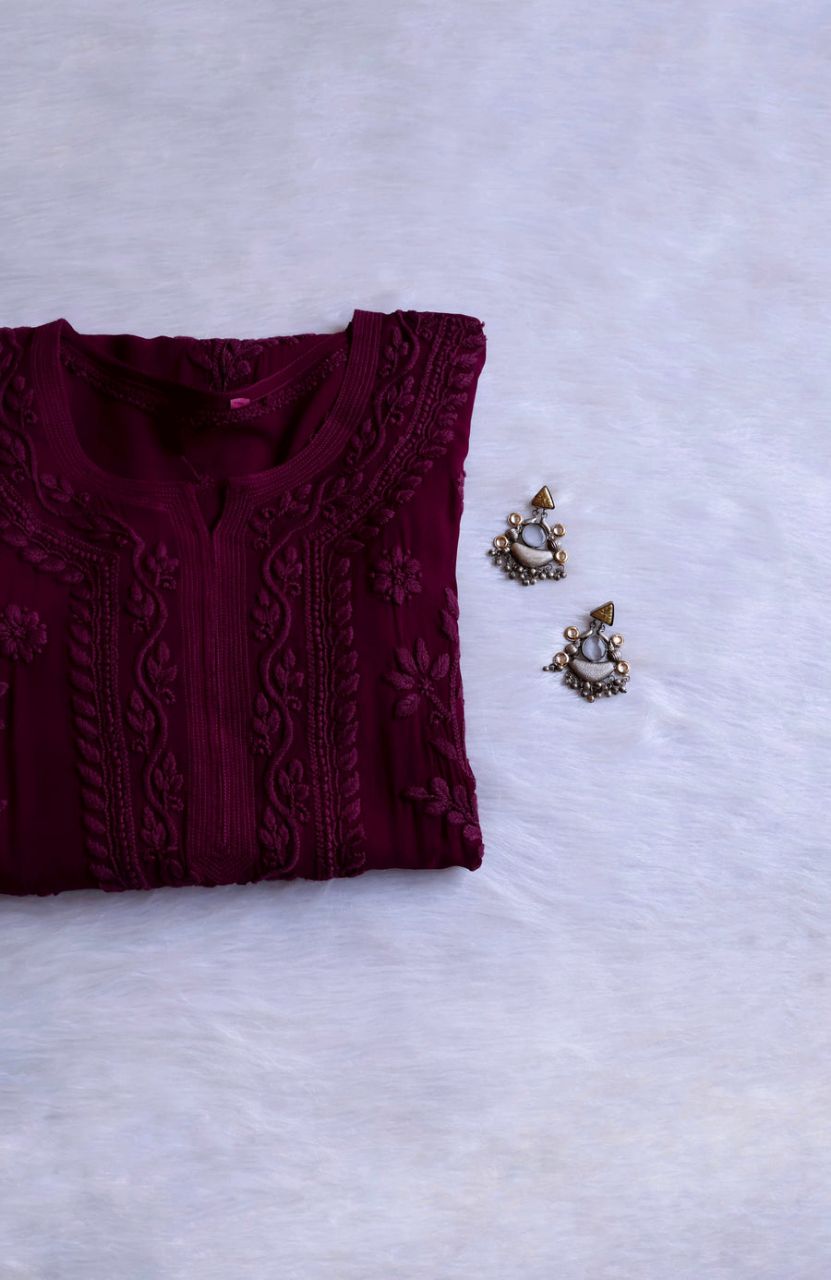 PIYU VISCOSE GEORGETTE LONG HANDWORK KURTI IN DEEP WINE.