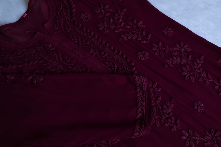 PIYU VISCOSE GEORGETTE LONG HANDWORK KURTI IN DEEP WINE. view 3
