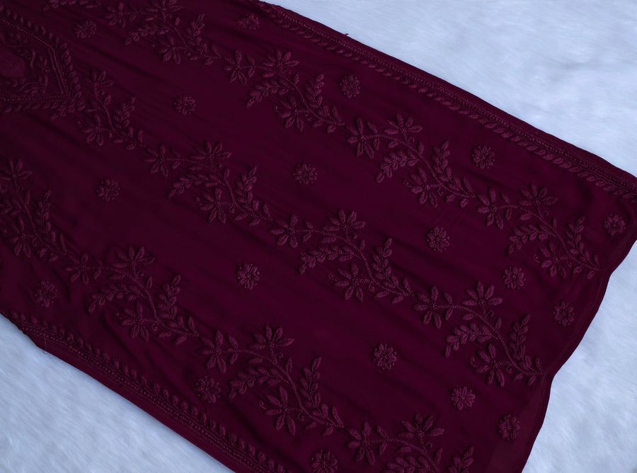 PIYU VISCOSE GEORGETTE LONG HANDWORK KURTI IN DEEP WINE. view 4