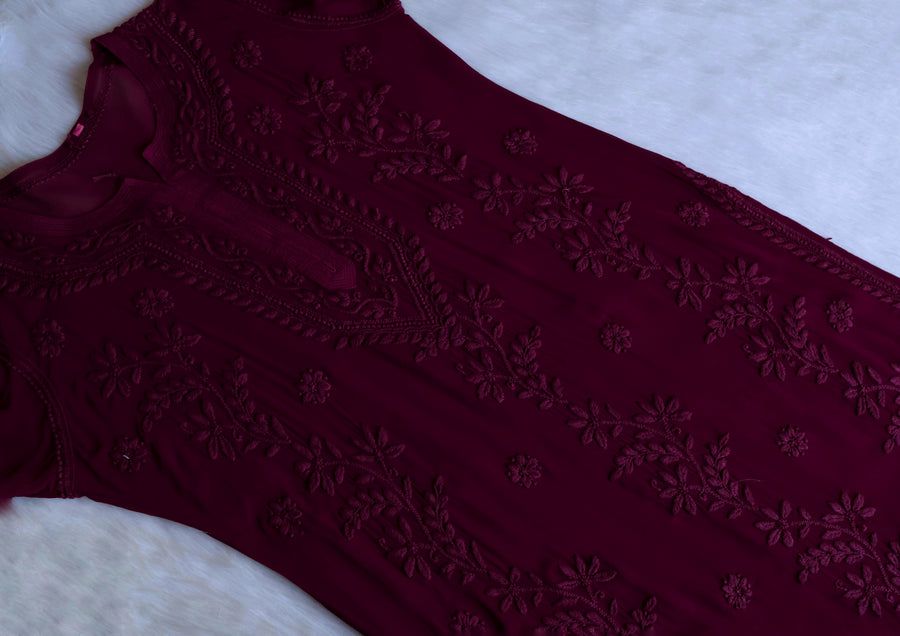 PIYU VISCOSE GEORGETTE LONG HANDWORK KURTI IN DEEP WINE. view 5