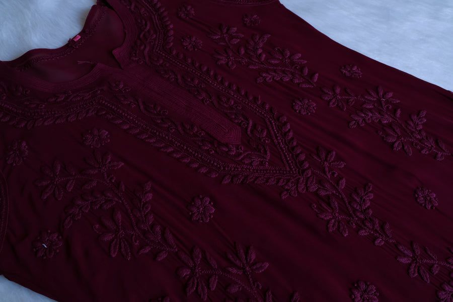PIYU VISCOSE GEORGETTE LONG HANDWORK KURTI IN DEEP WINE. view 2