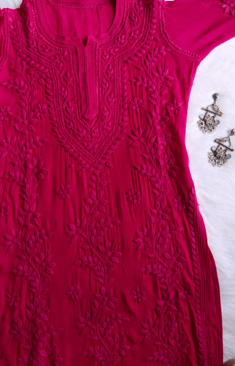 PIYU VISCOSE GEORGETTE LONG HANDWORK KURTI IN MAGENTA PINK. view 2