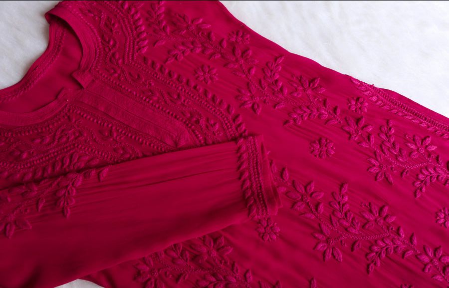 PIYU VISCOSE GEORGETTE LONG HANDWORK KURTI IN MAGENTA PINK. view 3