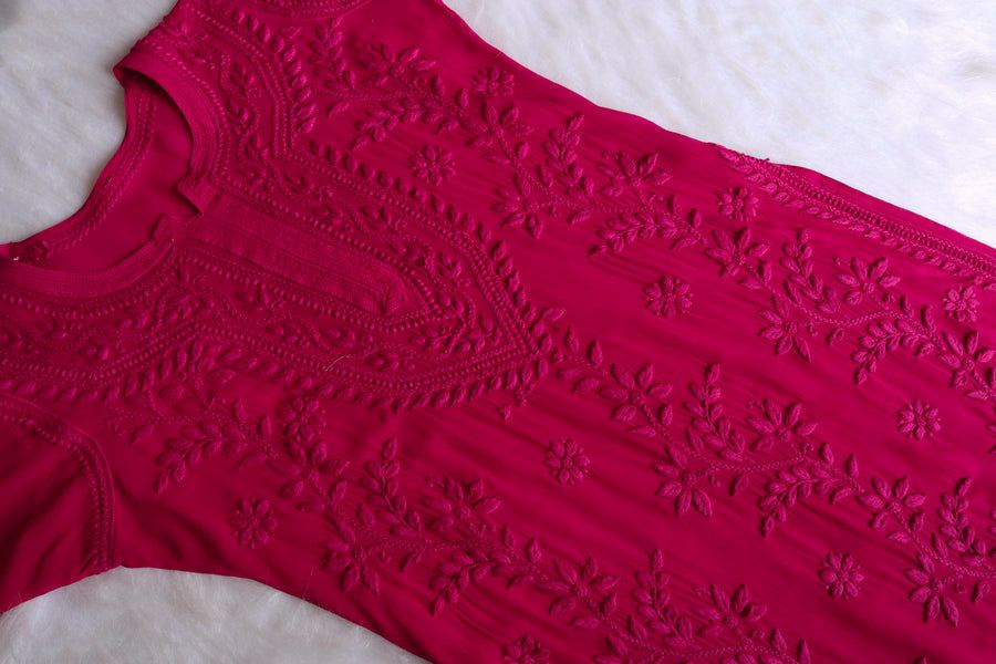 PIYU VISCOSE GEORGETTE LONG HANDWORK KURTI IN MAGENTA PINK. view 4