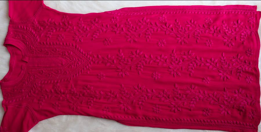 PIYU VISCOSE GEORGETTE LONG HANDWORK KURTI IN MAGENTA PINK. view 6